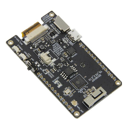 TTGO T5 E-Ink Screen Development Board for Shelf Labels showing black PCB, connectors, microUSB and e-ink display flex connector