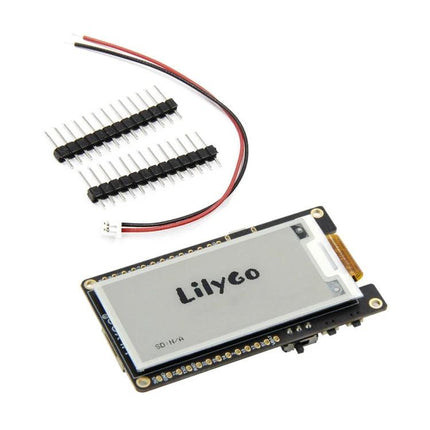 TTGO T5 E-Ink Screen Development Board for Shelf Labels showing Lilygo e-ink module with header pins and power lead