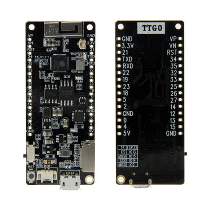 TTGO T8 ESP32 WiFi Bluetooth Module for DIY Wireless Projects - front and back PCB view showing pins, USB port, and components