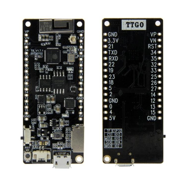 TTGO T8 ESP32 WiFi Bluetooth Module for DIY Wireless Projects - front and back PCB view showing pins, USB port, and components