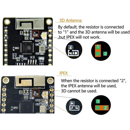 TTGO T8 ESP32 WiFi Bluetooth Module for DIY Wireless Projects showing 3D antenna and IPEX antenna resistor jumper positions