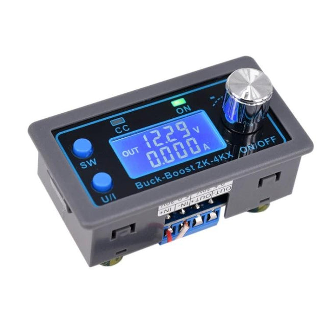 Portable Voltage Regulator for DIY Electronics Projects, compact blue-backlit buck-boost module with LCD display, knob and control buttons