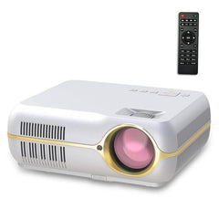 Portable Smart Projector for Wireless Streaming and Presentations showing white compact projector with remote for meetings and movie nights