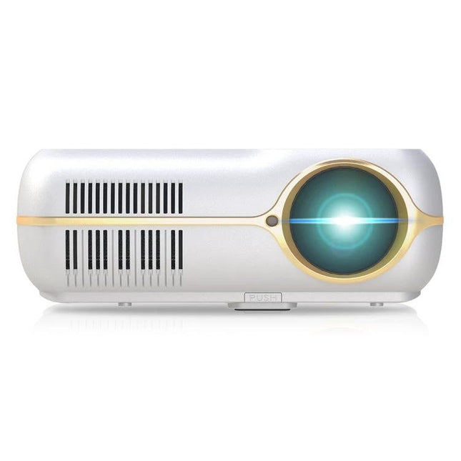 Portable Smart Projector for Wireless Streaming and Presentations showing front lens and vents, compact white design ideal for meetings and movie nights