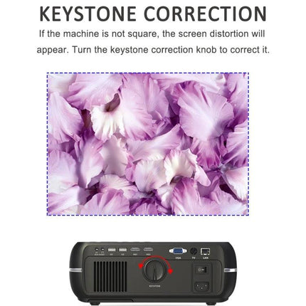 Portable Smart Projector for Wireless Streaming and Presentations - keystone correction demo showing projected floral image and projector control knob