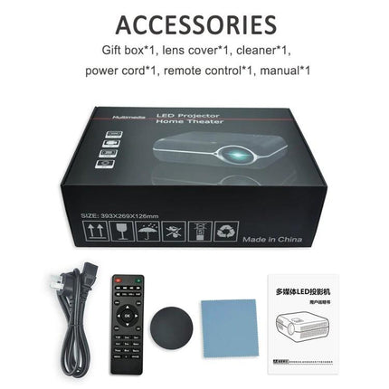 Portable Smart Projector for Wireless Streaming and Presentations box with remote, power cord, lens cover, cleaner cloth and manual