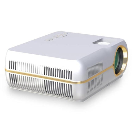 Portable Smart Projector for Wireless Streaming and Presentations shown angled white portable projector for meetings and movie nights