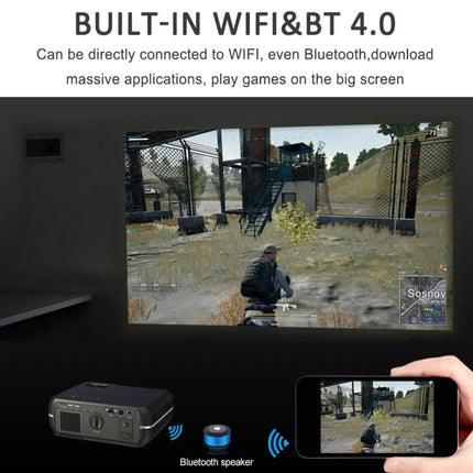 Portable Smart Projector for Wireless Streaming and Presentations showing phone mirroring a game onto a wall with built-in WiFi and Bluetooth