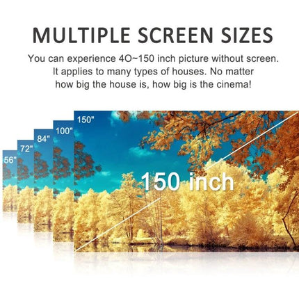 Portable Smart Projector for Wireless Streaming and Presentations showing multiple screen sizes up to 150 inch outdoor projection