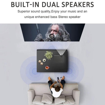 Portable Smart Projector for Wireless Streaming and Presentations showing living room setup with built-in dual speakers and smartphone mirroring