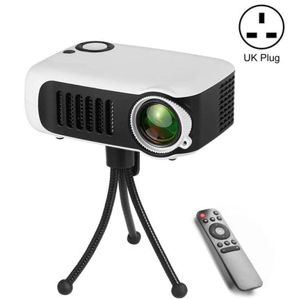 Compact Portable Projector for Home Entertainment and Travel on mini tripod with remote, white black compact design and power bank compatible