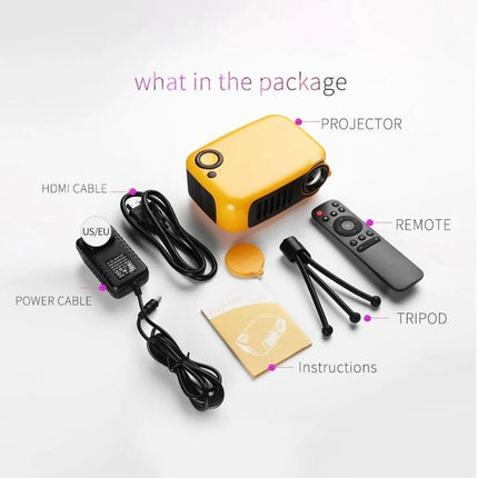 Compact Portable Projector for Home Entertainment and Travel showing yellow projector, remote, tripod, power and HDMI cables, and instructions