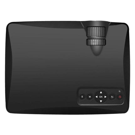 Portable LED Projector for Home Theater with Remote and EU Plug - compact black top view with control buttons and focus wheel