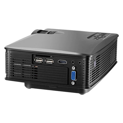 Portable LED Projector for Home Theater with Remote and EU Plug compact black unit showing USB, HDMI and VGA ports