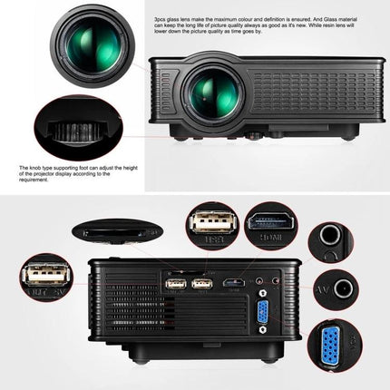 Portable LED Projector for Home Theater with Remote and EU Plug compact black projector with lens and ports shown