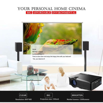 Portable LED Projector for Home Theater with Remote and EU Plug displaying bright home cinema setup with screen, speakers, and living room scene