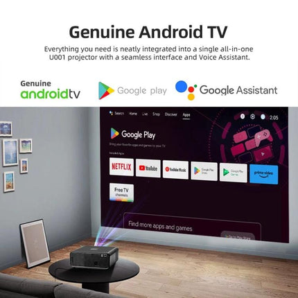 AUN Portable LED Projector for Home Theater Viewing showing Android TV interface projecting streaming apps in a living room