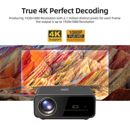 AUN Portable LED Projector for Home Theater Viewing showing 1080P/4K support and vibrant projected landscape