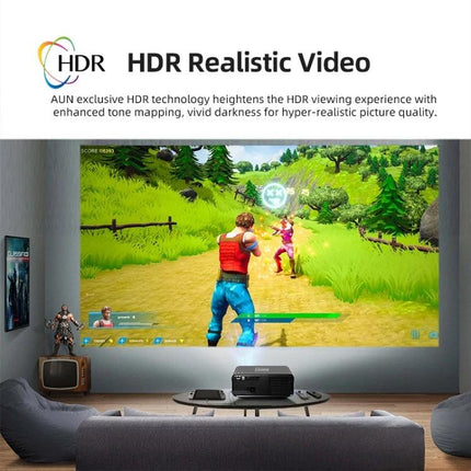 AUN Portable LED Projector for Home Theater Viewing projecting HDR realistic video with Android TV for movies and gaming