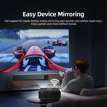 AUN Portable LED Projector for Home Theater Viewing projecting mirrored phone video with built-in Android TV in living room