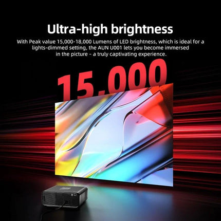 AUN Portable LED Projector for Home Theater Viewing showing projector with 15,000 lumens display and vibrant screen