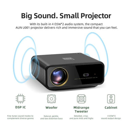 AUN Portable LED Projector for Home Theater Viewing showing compact black projector with built-in Android TV and speaker icons