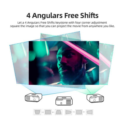 AUN Portable LED Projector for Home Theater Viewing showing 4 angular free shifts keystone adjustment demo