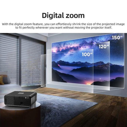AUN Portable LED Projector for Home Theater Viewing showing digital zoom projecting 100"-150" images in a living room