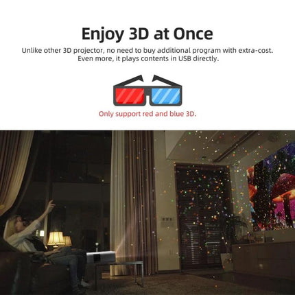 AUN Portable LED Projector for Home Theater Viewing showing 3D red and blue glasses and living room movie projection