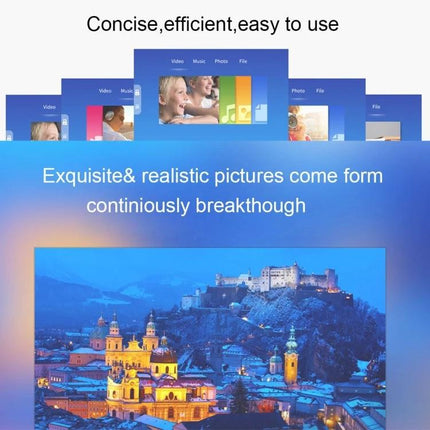 Portable LED Projector for Home Movie Nights and Presentations showing vivid projected cityscape and menu screens