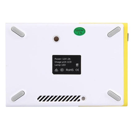 Portable LED Projector for Home Movie Nights and Presentations - white underside view showing vents, rubber feet, and labels