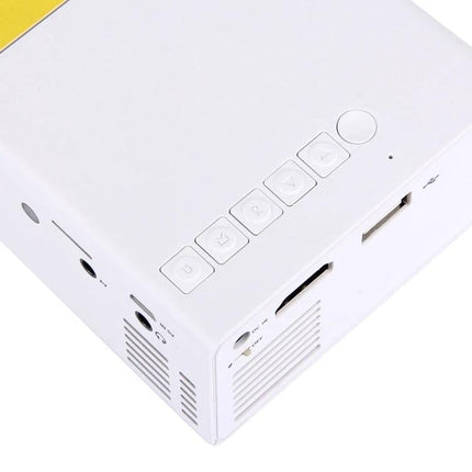 Portable LED Projector for Home Movie Nights and Presentations white compact unit showing buttons, HDMI and USB ports for living room and meeting use