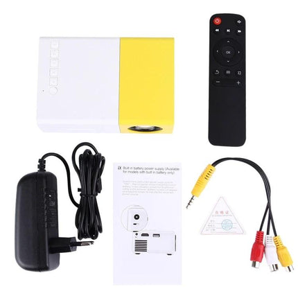 Portable LED Projector for Home Movie Nights and Presentations - compact yellow-white mini projector with remote, power adapter and AV cables