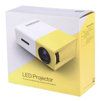 Portable LED Projector for Home Movie Nights and Presentations - compact white and yellow LED projector box, HDMI and battery-powered for living room and meetings