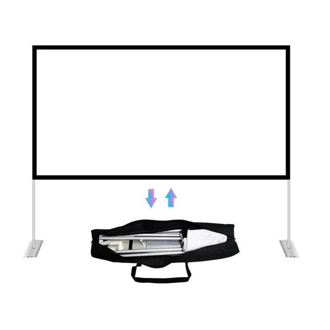 Folding 100-Inch Projector Screen with Bracket for Outdoor Use showing folded frame in carry bag and assembled screen for backyard setup