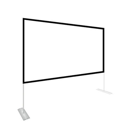 Folding 100-Inch Projector Screen with Bracket for Outdoor Use showing metal frame and stable standing setup for backyard or camping