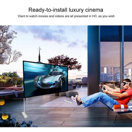 Folding 100-Inch Projector Screen with Bracket for Outdoor Use set up on a patio showing outdoor movie night with lounge seating and streaming content