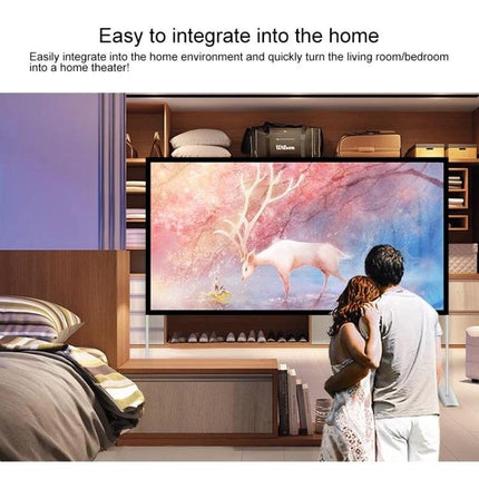 Folding 100-Inch Projector Screen with Bracket for Outdoor Use set up in a cozy bedroom living area for movie night