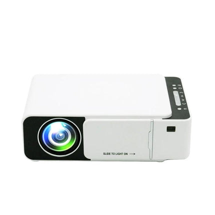 Portable Smart Projector for Home Movie Viewing compact white projector with lens lit, USB and streaming-ready for home theater