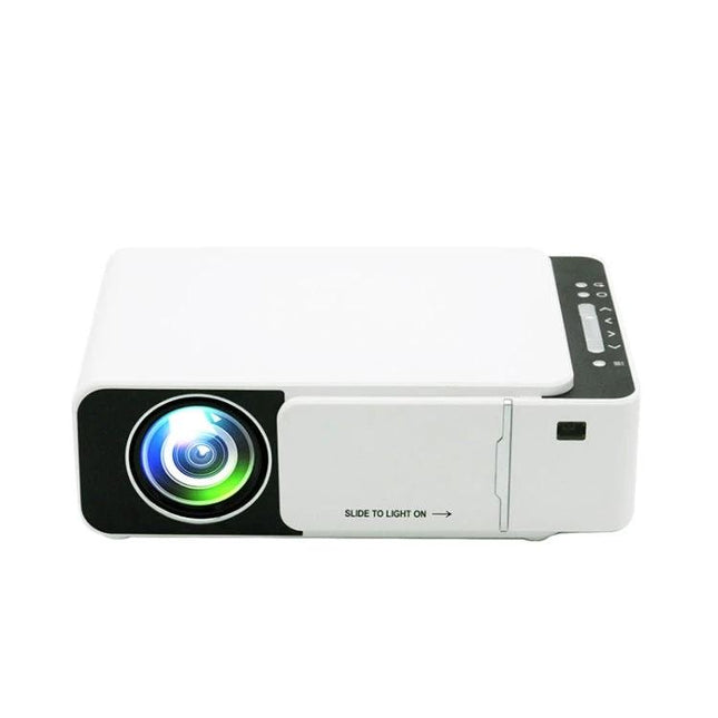 Portable Smart Projector for Home Movie Viewing - compact white portable smart projector with lens glowing, USB and HDMI ports for home theater
