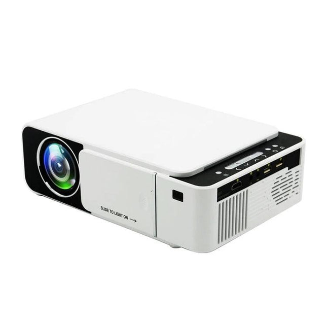 Portable Smart Projector for Home Movie Viewing - compact white portable smart projector with lens and HDMI/USB ports for home theater