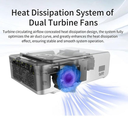 Portable Smart Projector for Home Movie Viewing showing internal dual turbine fan heat dissipation system