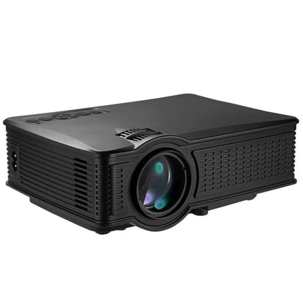 Portable LED Projector with Built-in Battery for Home Viewing showing compact black unit angled with visible lens for travel and home movie nights