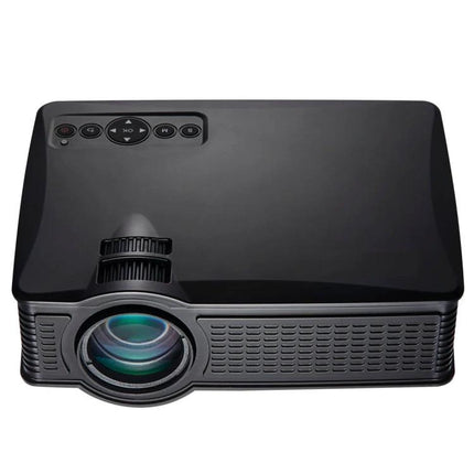 Portable LED Projector with Built-in Battery for Home Viewing black compact unit showing lens and top controls