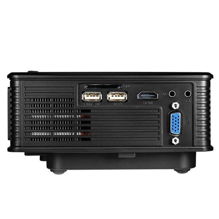 Portable LED Projector with Built-in Battery for Home Viewing showing rear ports (USB, HDMI, VGA) and ventilation