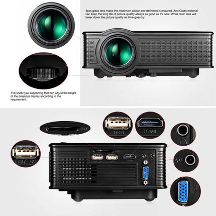 Portable LED Projector with Built-in Battery for Home Viewing showing lens, ports and side profile