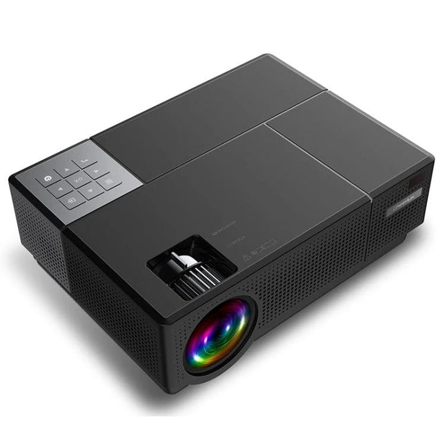 Cheerlux CL770 Smart Projector for Movies and Presentations showing black compact projector with colorful lens, 1920x1080P and Android 9.0