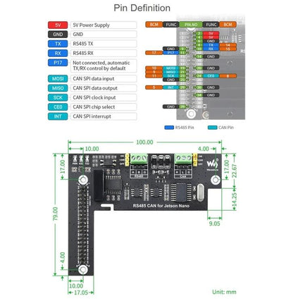 Waveshare RS485 CAN Expansion Board for Jetson Projects pinout diagram and dimensions showing RS485 and CAN connections