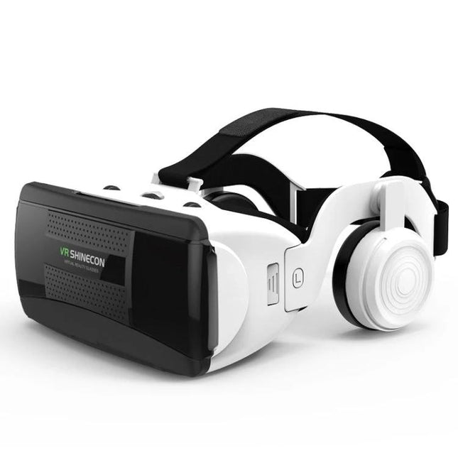 Shinecon Virtual Reality Glasses for 4.7-6.1 Inch Smartphones with Headset showing white lightweight adjustable VR headset with headphones