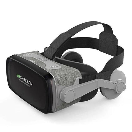 Shinecon Virtual Reality Glasses for 3D Video on Smartphones showing gray headset with adjustable straps and built-in headphones